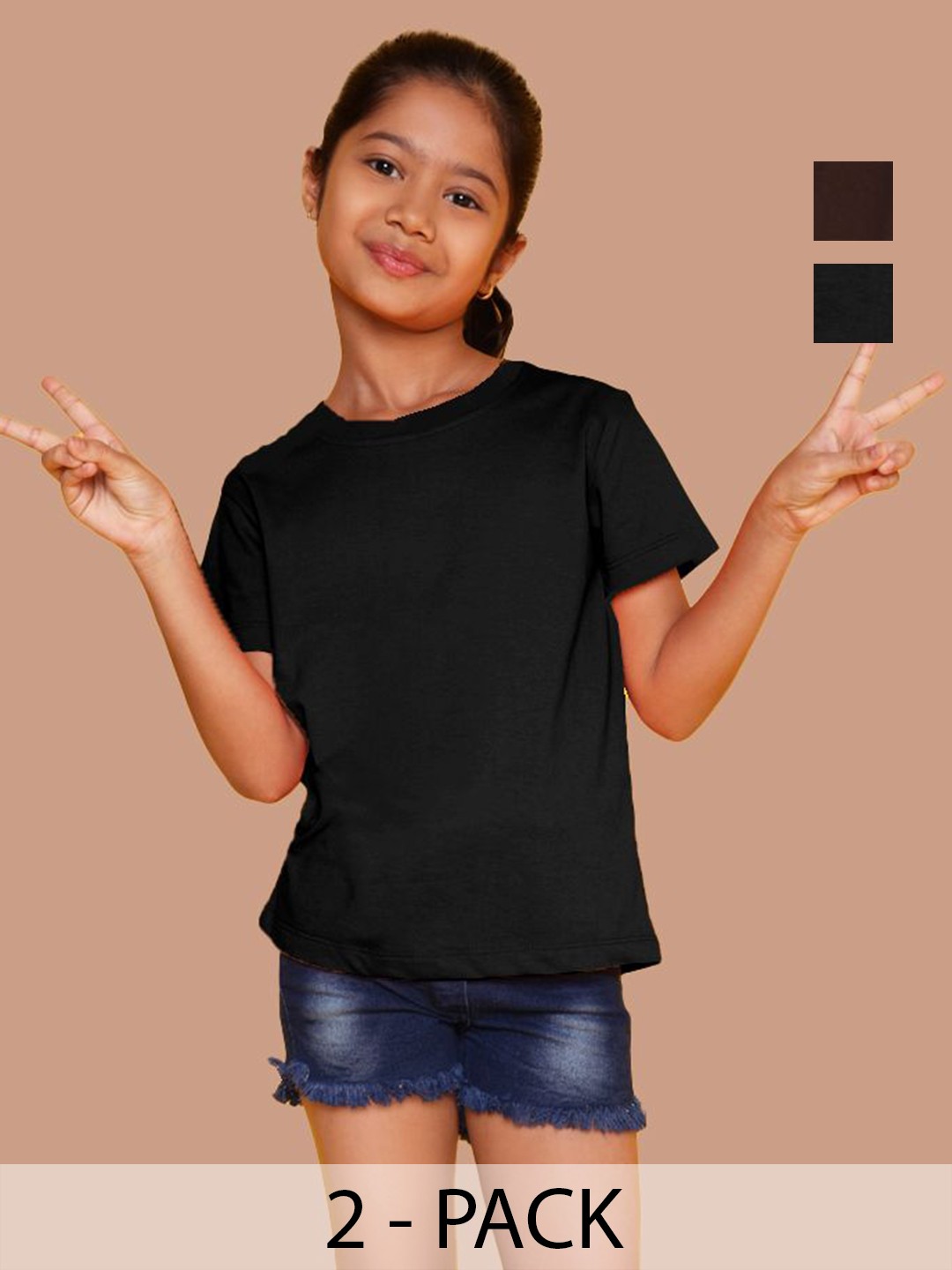 

NUSYL Pack of 2 Girls Black & Brown Solid Half Sleeve T-Shirts