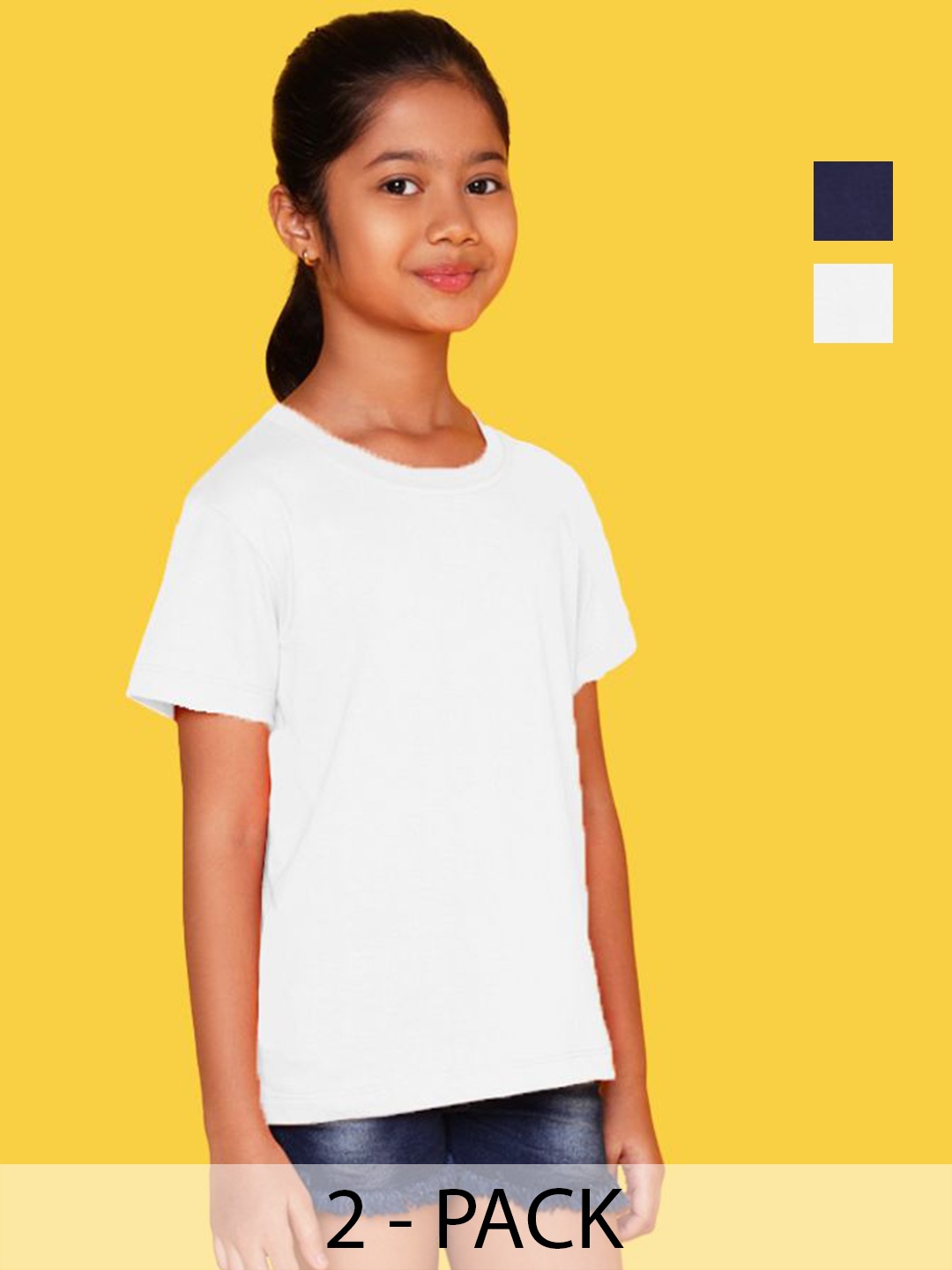 

NUSYL Pack of 2 Girls White & Navy Blue Solid Half Sleeve T-Shirts