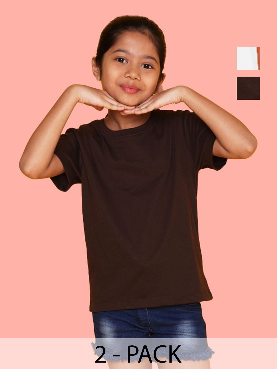 

NUSYL Girls Pack of 2 Solid Round Neck Cotton T-Shirts, Brown