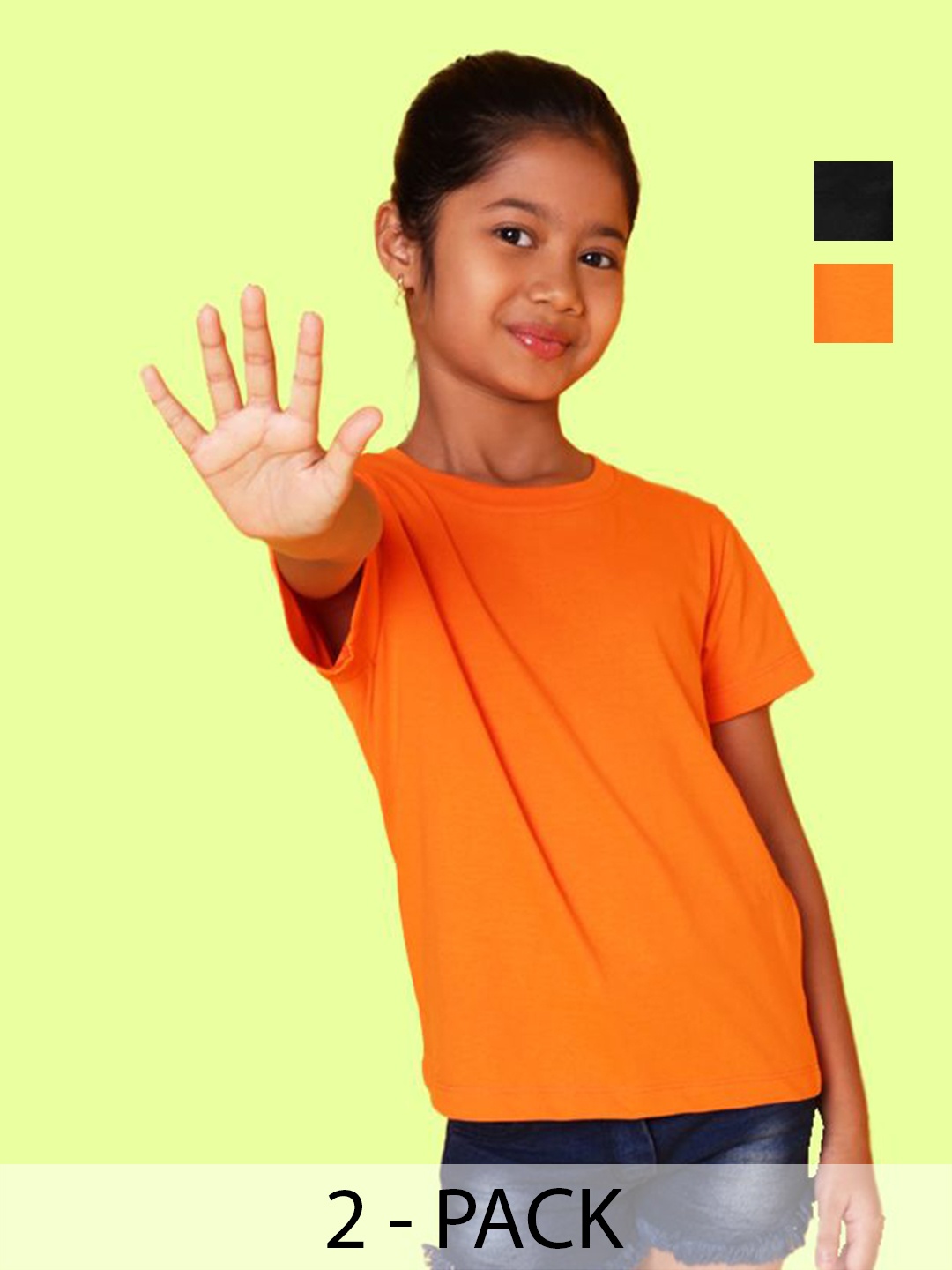 

NUSYL Pack of 2 Girls Black & Orange Solid Half Sleeve T-Shirts
