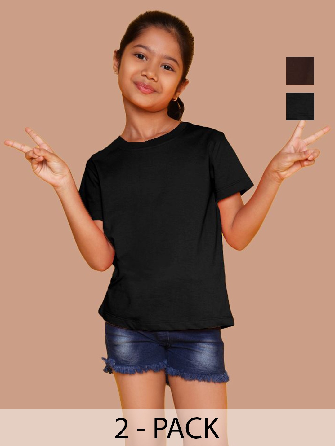 

NUSYL Pack of 2 Girls Black & Brown Solid Half Sleeve T-Shirts