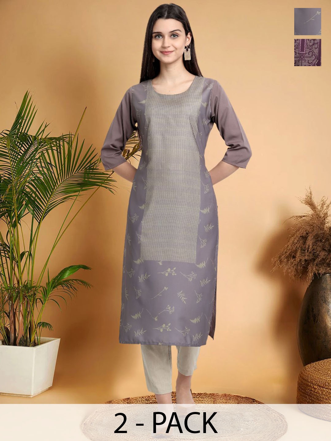 

7Threads Selection Of 2 Geometric Printed Round Neck Straight Kurtas, Grey