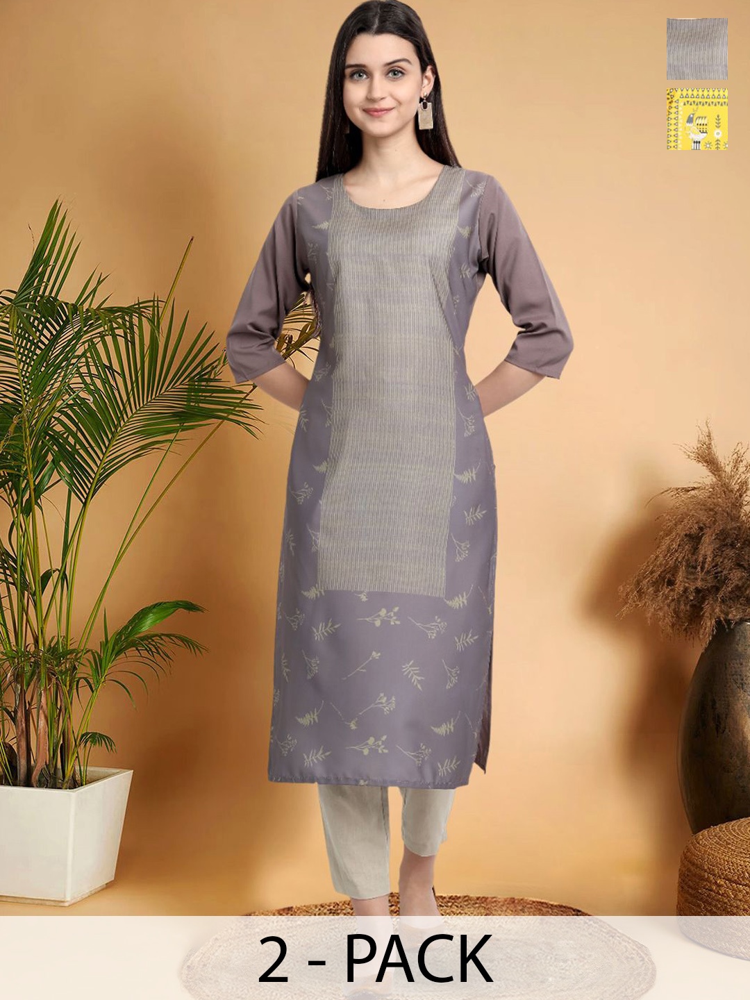 

7Threads Selection Of 2 Geometric Printed Round Neck Straight Kurtas, Grey