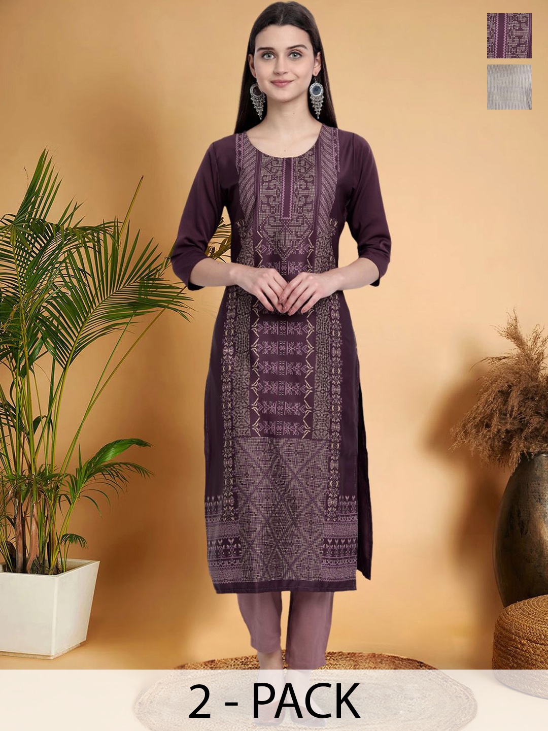 

7Threads Selection Of 2 Ethnic Motifs Printed Round Neck Straight Kurtas, Mauve