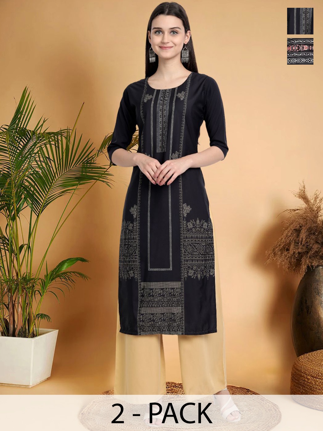 

7Threads Selection Of 2 Ethnic Motifs Printed Round Neck Straight Kurtas, Black