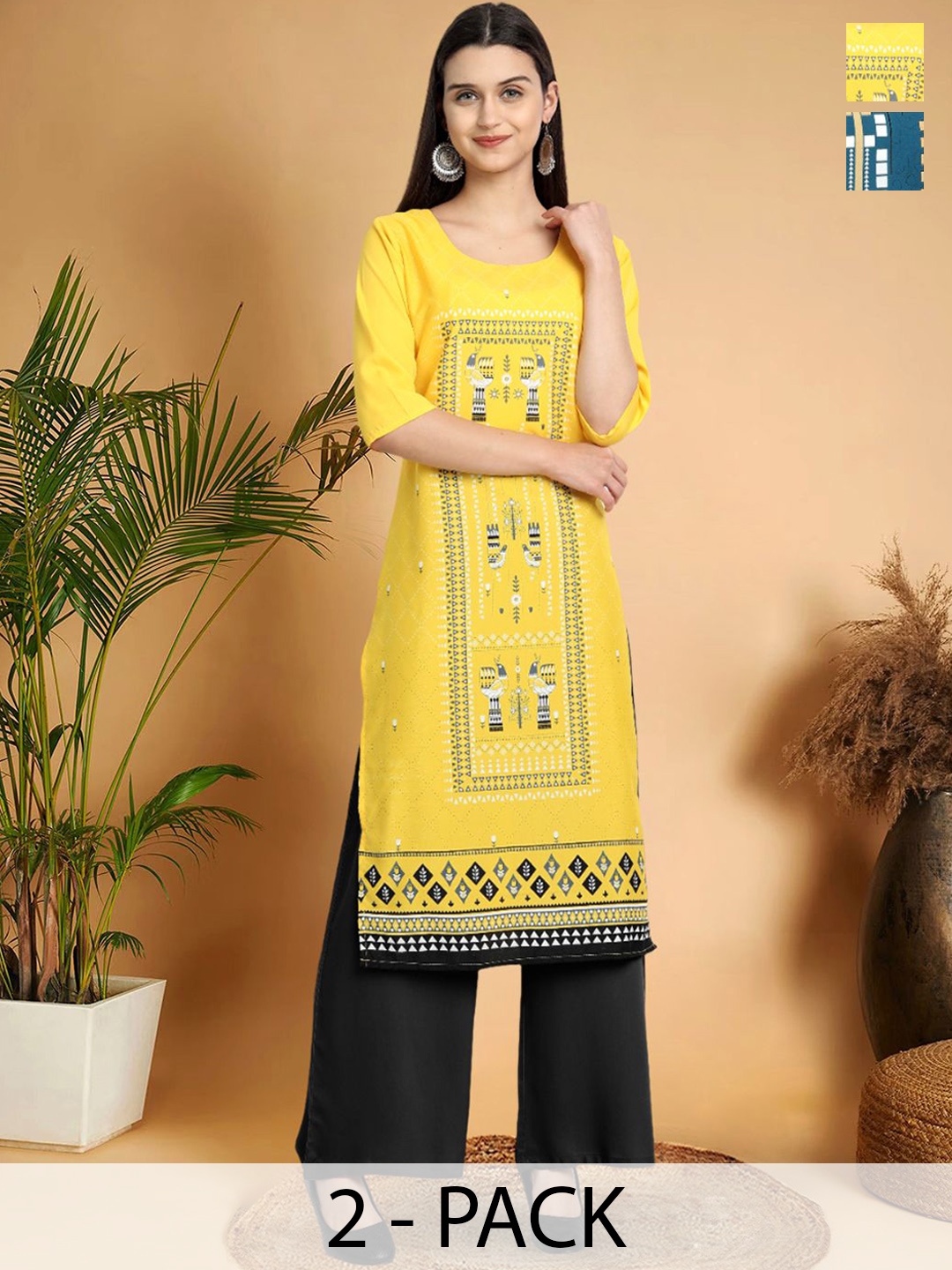 

7Threads Selection Of 2 Geometric Printed Round Neck Straight Kurtas, Yellow