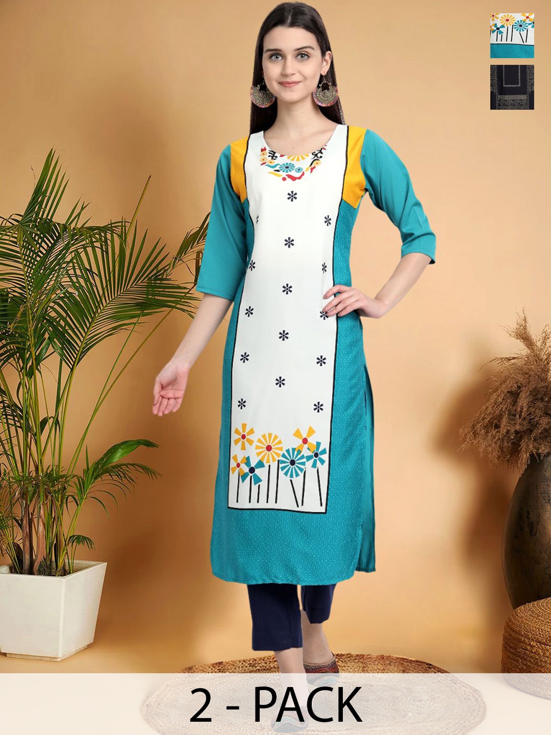 

7Threads Selection Of 2 Floral Printed Round Neck Straight Kurtas, Blue