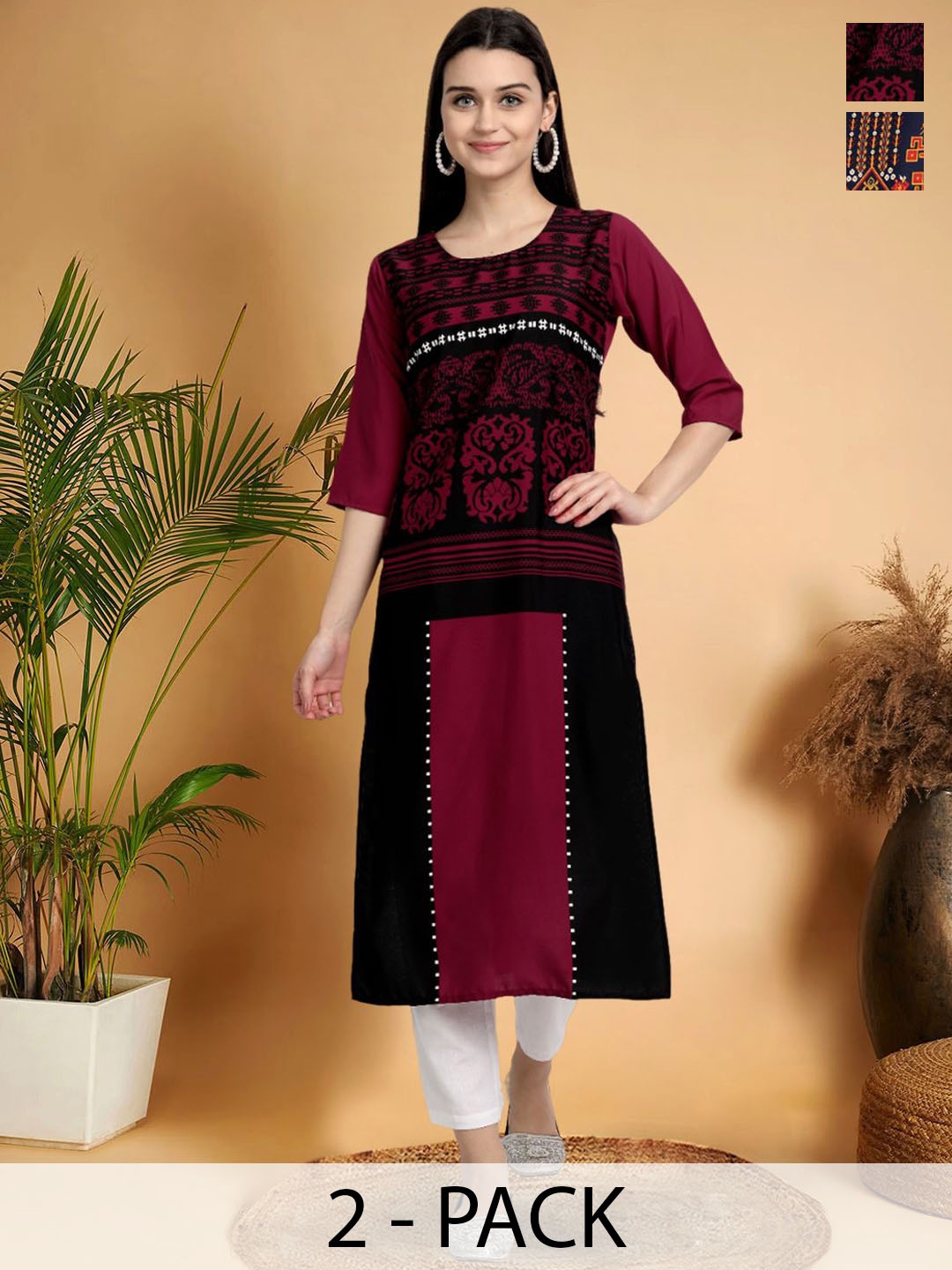 

7Threads Selection Of 2 Ethnic Motifs Printed Round Neck Straight Kurtas, Maroon