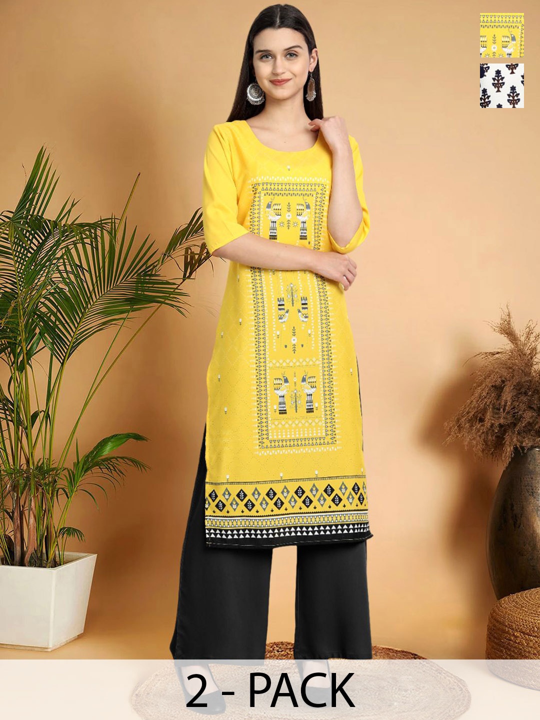

7Threads Selection Of 2 Ethnic Motifs Printed Round Neck Straight Kurtas, Yellow