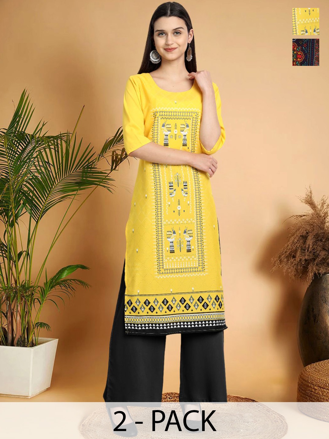 

7Threads Selection Of 2 Ethnic Motifs Printed Round Neck Straight Kurtas, Yellow