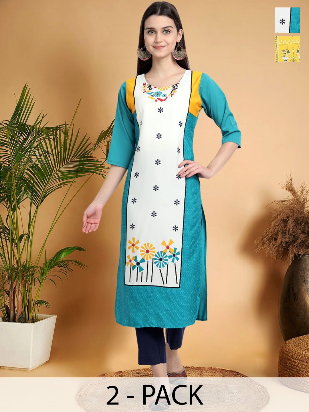 

7Threads Selection Of 2 Floral Printed Round Neck Straight Kurtas, Blue