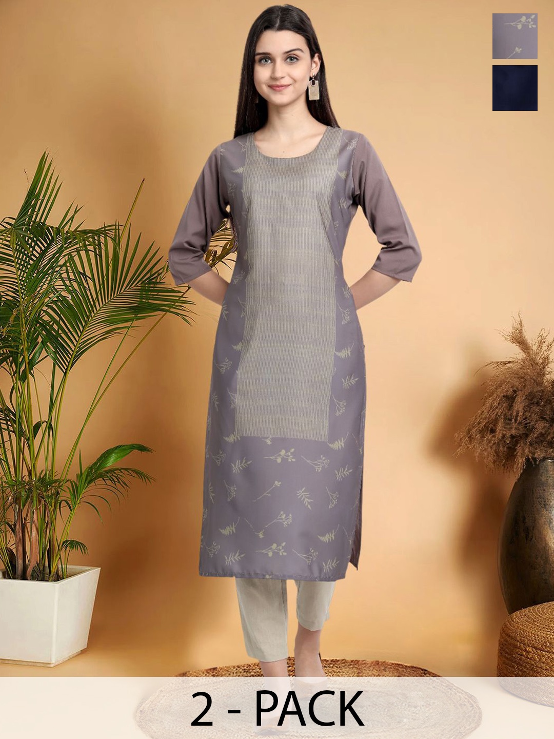 

7Threads Selection Of 2 Geometric Printed Round Neck Straight Kurtas, Grey