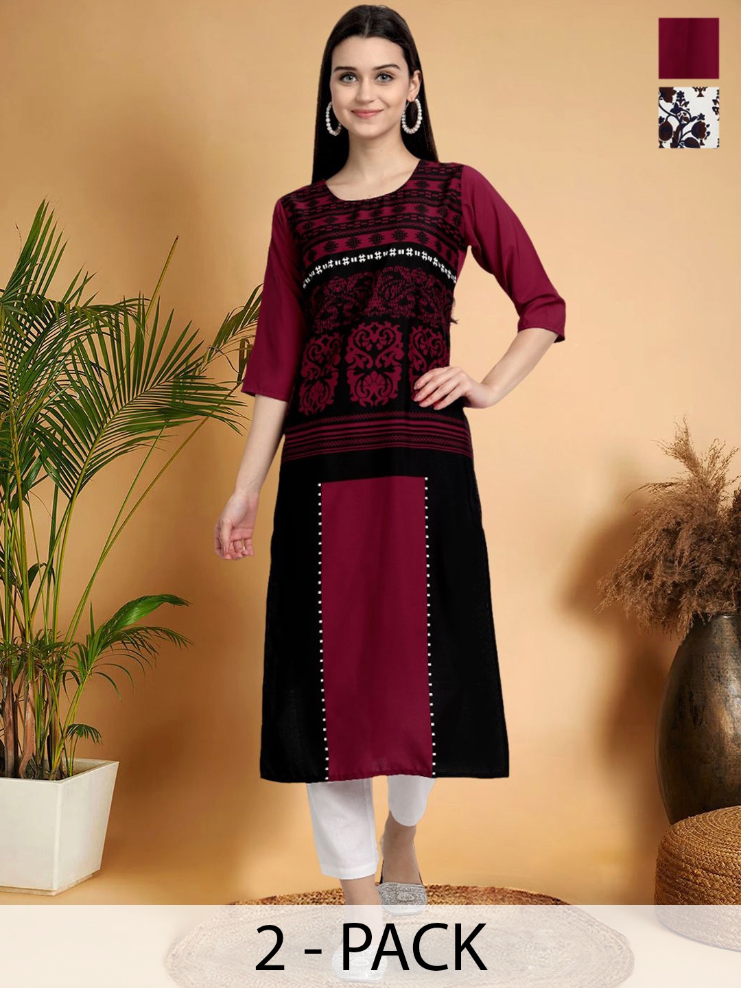 

7Threads Selection Of 2 Ethnic Motifs Printed Round Neck Straight Kurtas, Blue