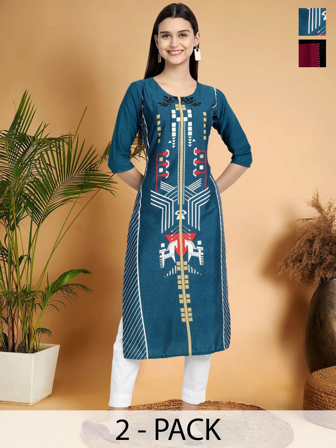 

7Threads Selection Of 2 Geometric Printed Round Neck Straight Kurtas, Blue