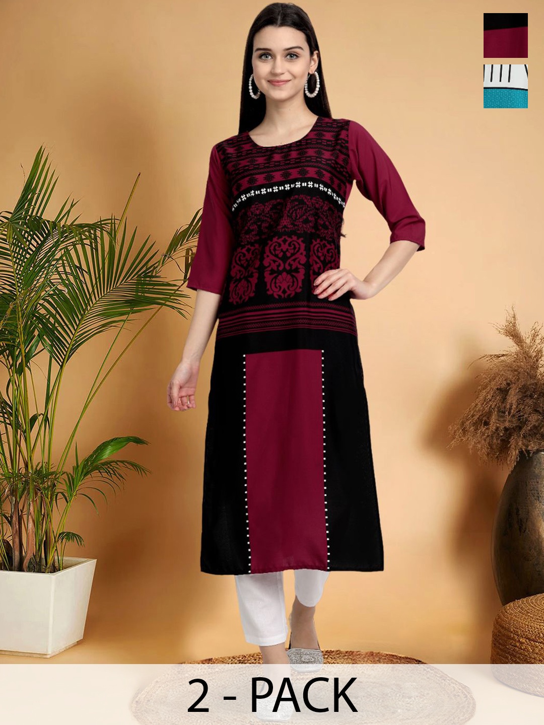 

7Threads Selection Of 2 Ethnic Motifs Printed Round Neck Straight Kurtas, Black