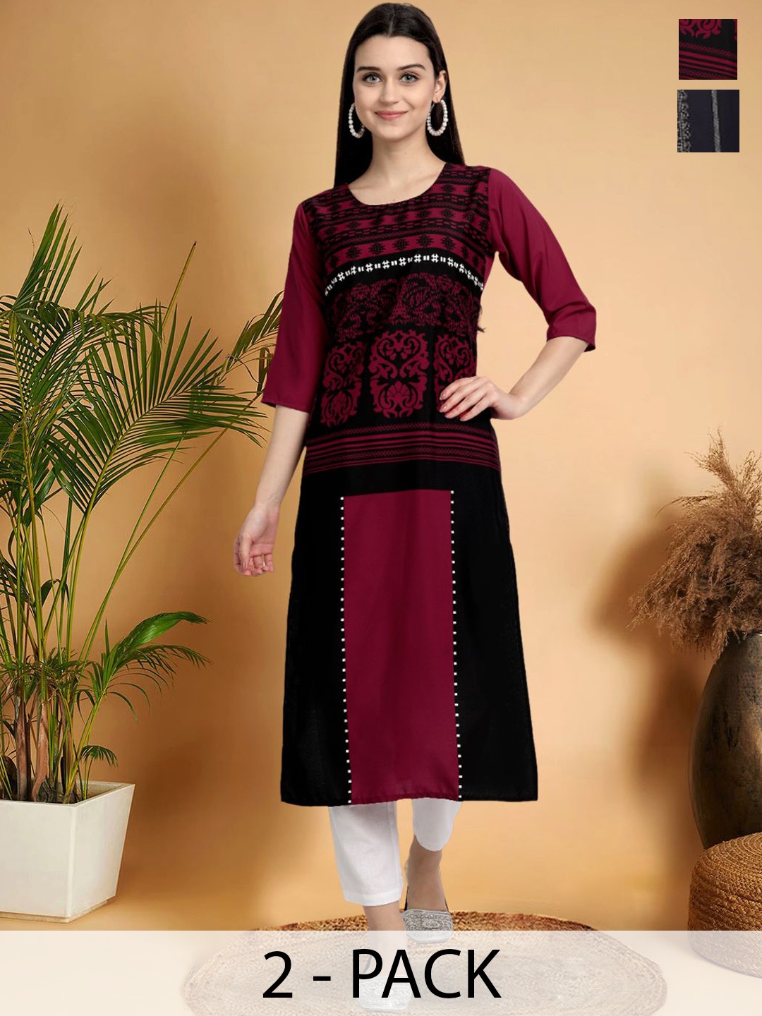 

7Threads Selection Of 2 Ethnic Motifs Printed Round Neck Straight Kurtas, Black