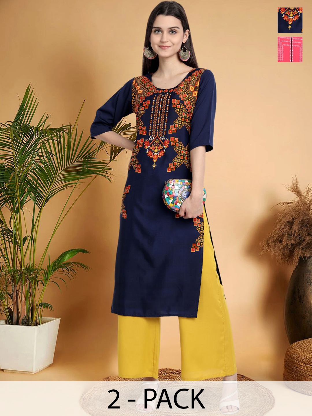 

7Threads Selection Of 2 Geometric Printed Round Neck Straight Kurtas, Multi