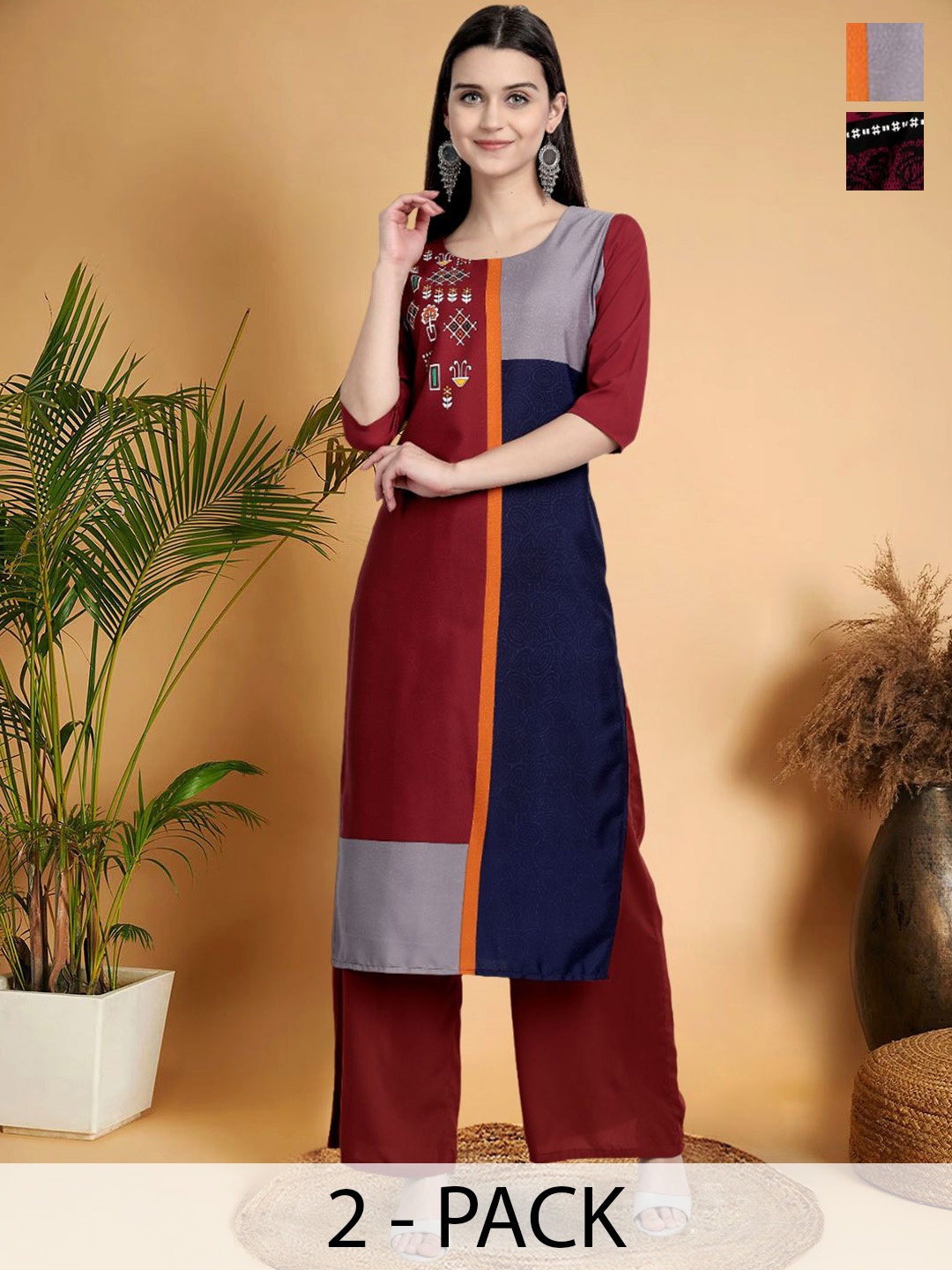 

7Threads Selection Of 2 Colourblocked Printed Round Neck Straight Kurtas, Brown