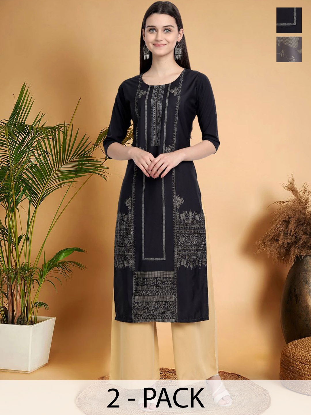 

7Threads Selection Of 2 Ethnic Motifs Printed Round Neck Straight Kurtas, Black