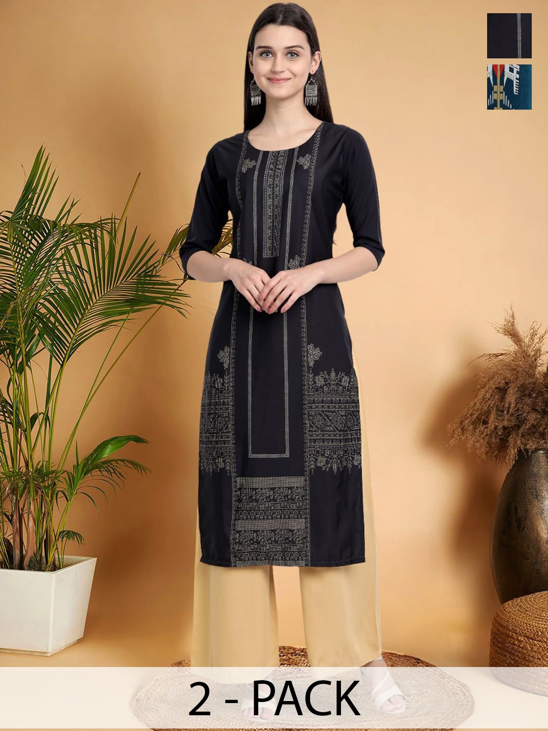 7Threads Selection Of 2 Ethnic Motifs Printed Round Neck Straight Kurtas, Black