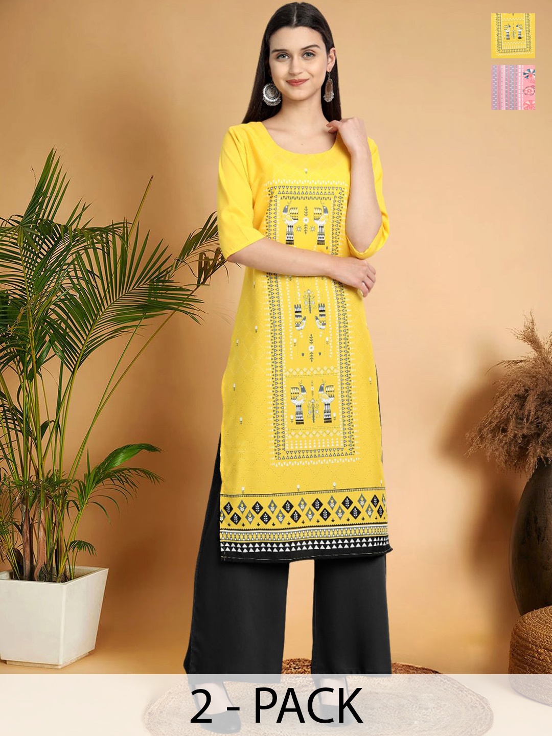 

7Threads Selection Of 2 Geometric Printed Round Neck Straight Kurtas, Yellow