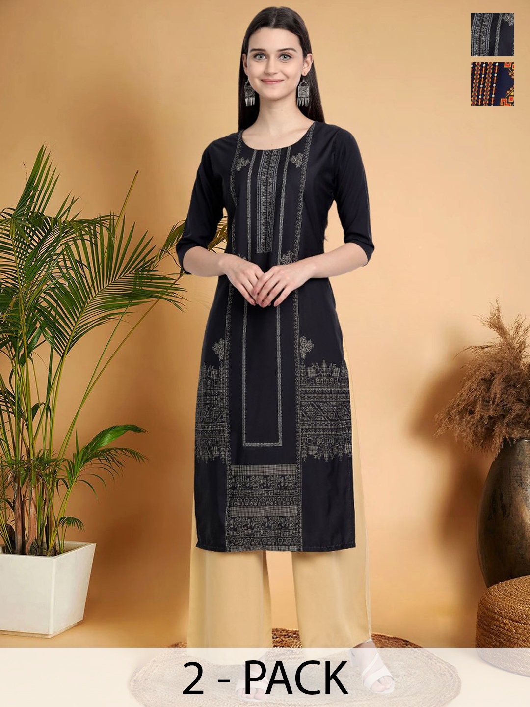 

7Threads Selection Of 2 Ethnic Motifs Printed Round Neck Straight Kurtas, Black