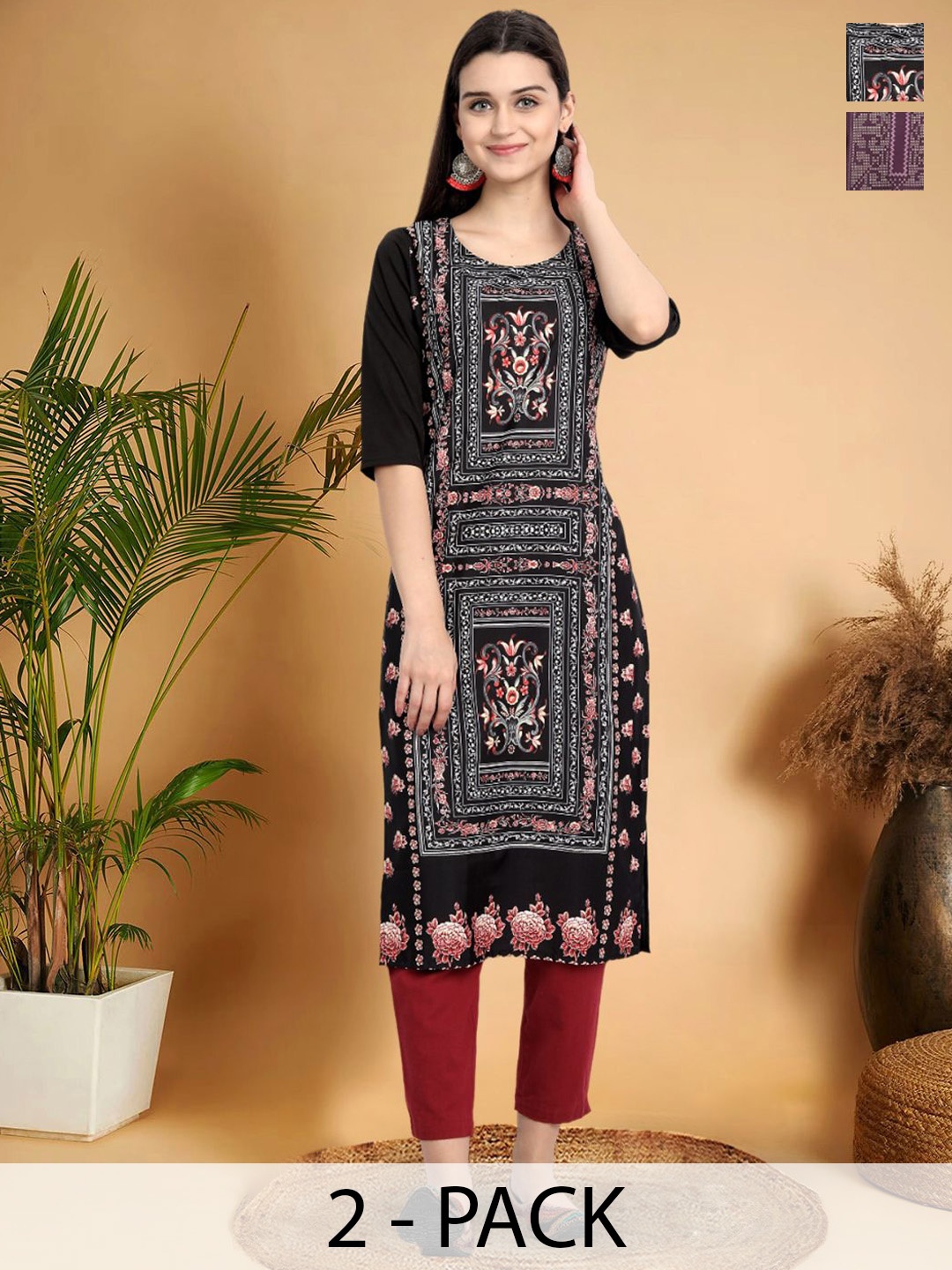 

7Threads Selection Of 2 Ethnic Motifs Printed Round Neck Straight Kurtas, Black