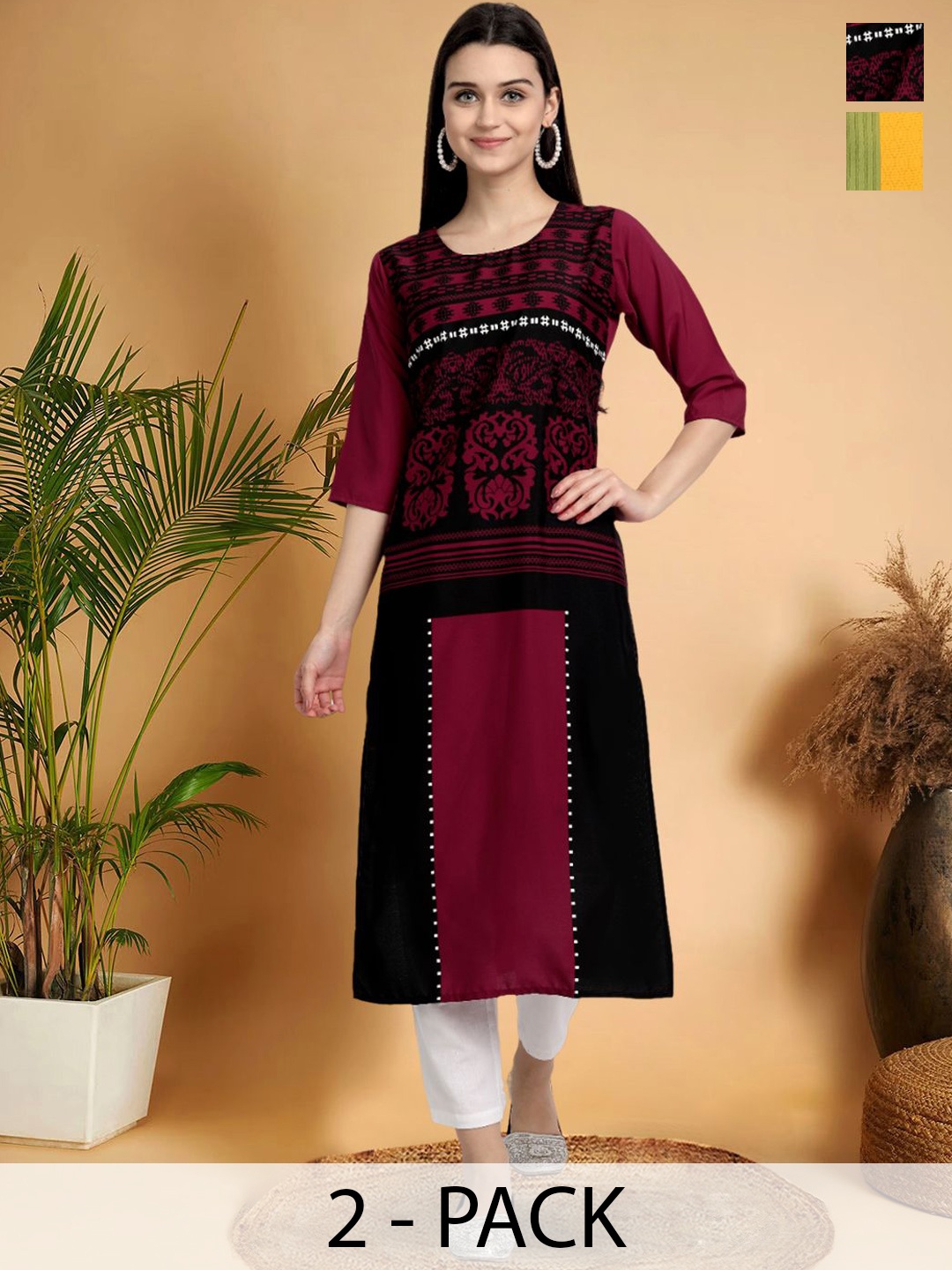 

7Threads Selection Of 2 Ethnic Motifs Printed Round Neck Straight Kurtas, Black
