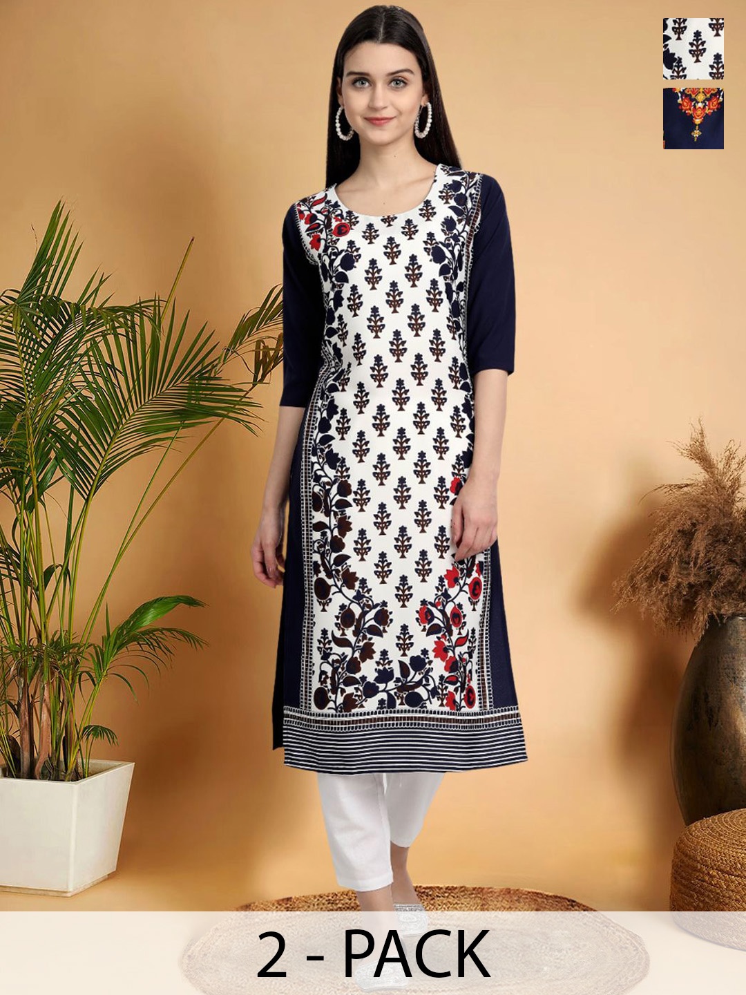 

7Threads Selection Of 2 Ethnic Motifs Printed Round Neck Straight Kurtas, Black