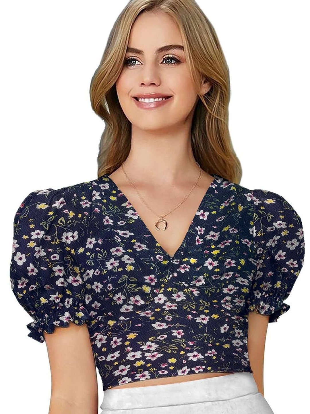 

ODETTE Women Floral Printed Fitted CropTop, Blue