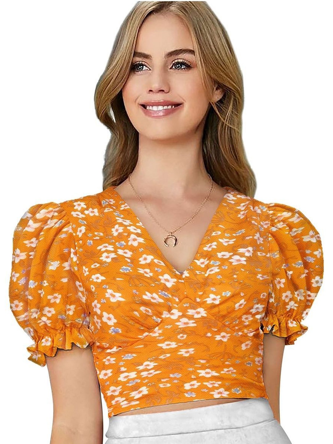 

ODETTE Women Floral Print Puff Sleeve Wrap Crop Top, Orange