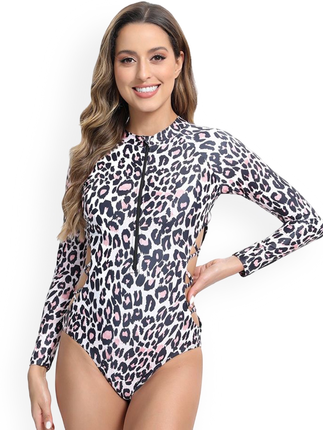 

LULU & SKY Leopard Printed Zip-Through Bodysuit, White
