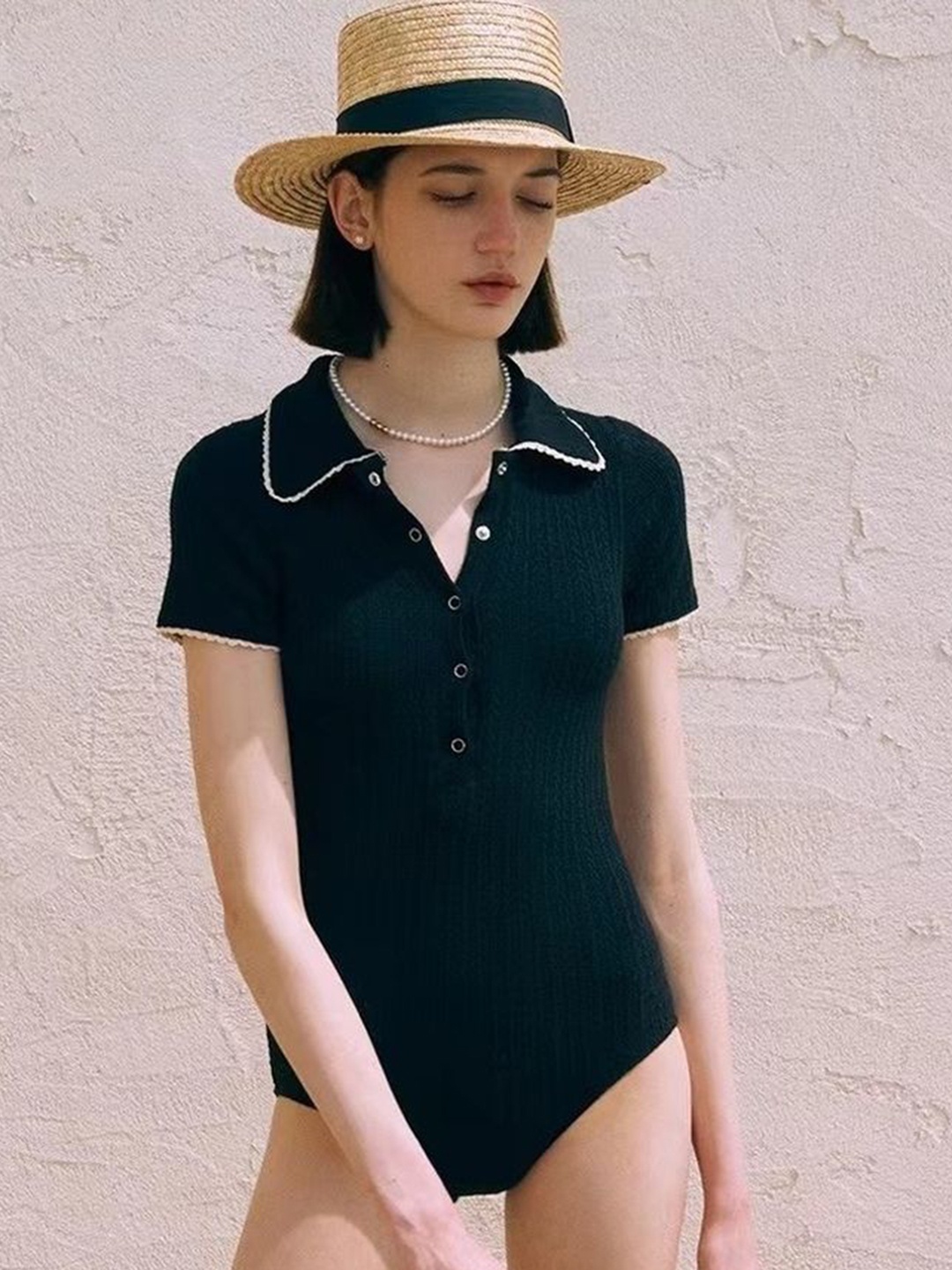 

LULU & SKY Spread Collar Neck Half Placket Bodysuit, Black