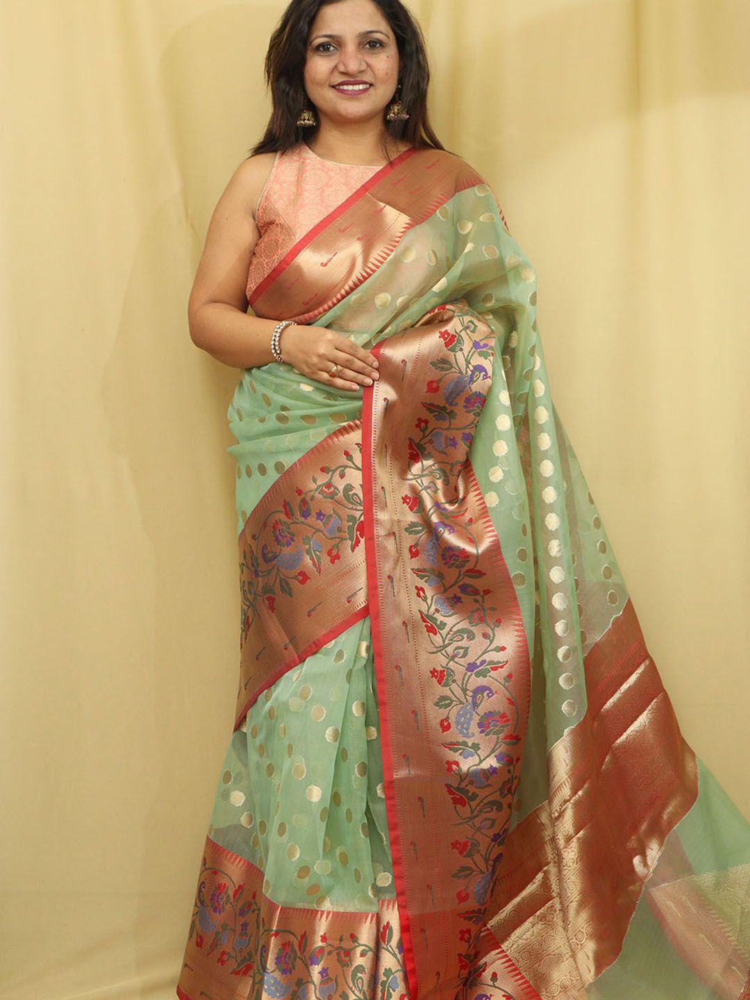 

Luxurionworld Ethnic Motifs Woven Design Zari Organza Banarasi Saree, Green