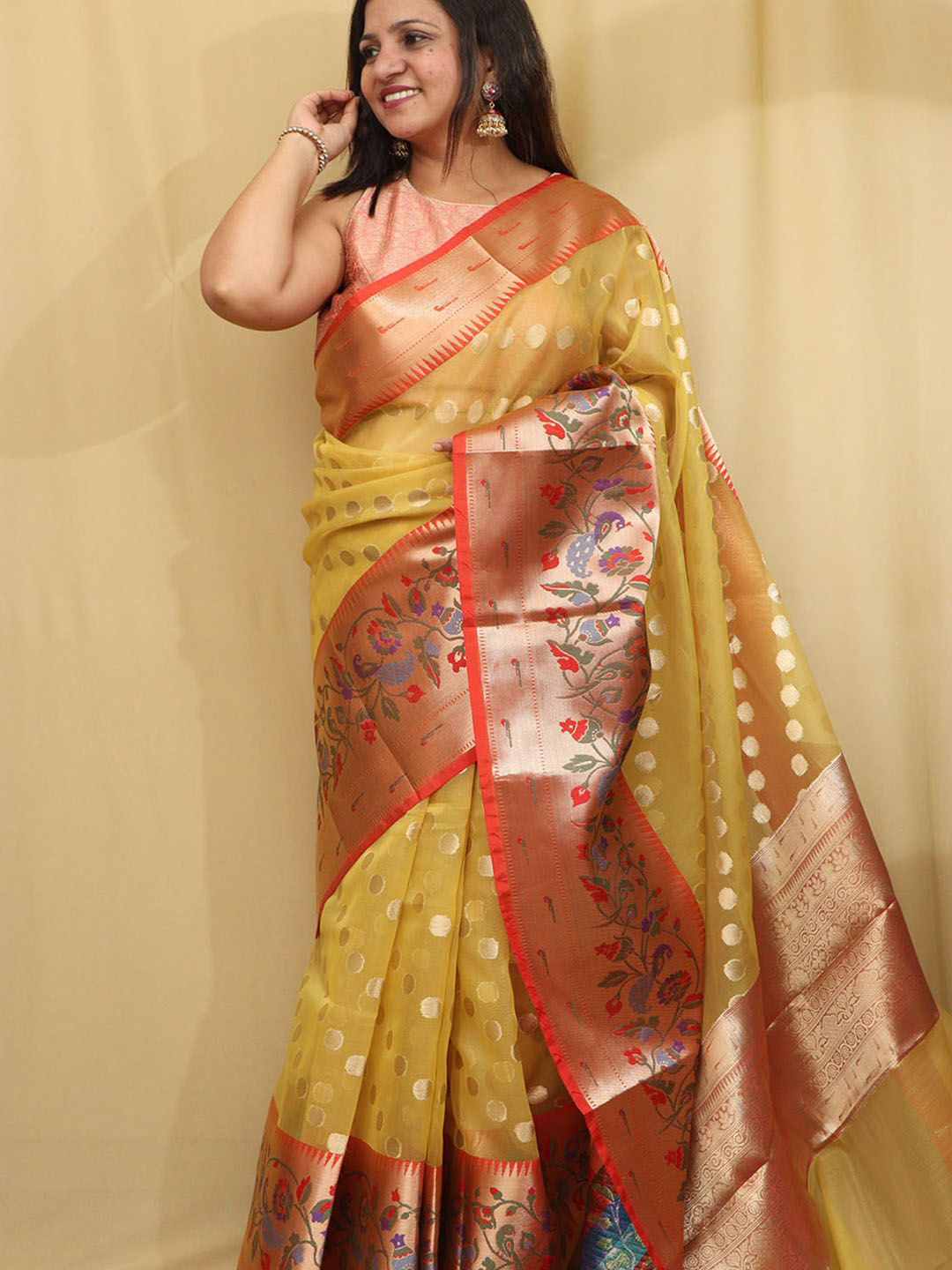 

Luxurionworld Floral Woven Design Zari Organza Banarasi Saree, Yellow