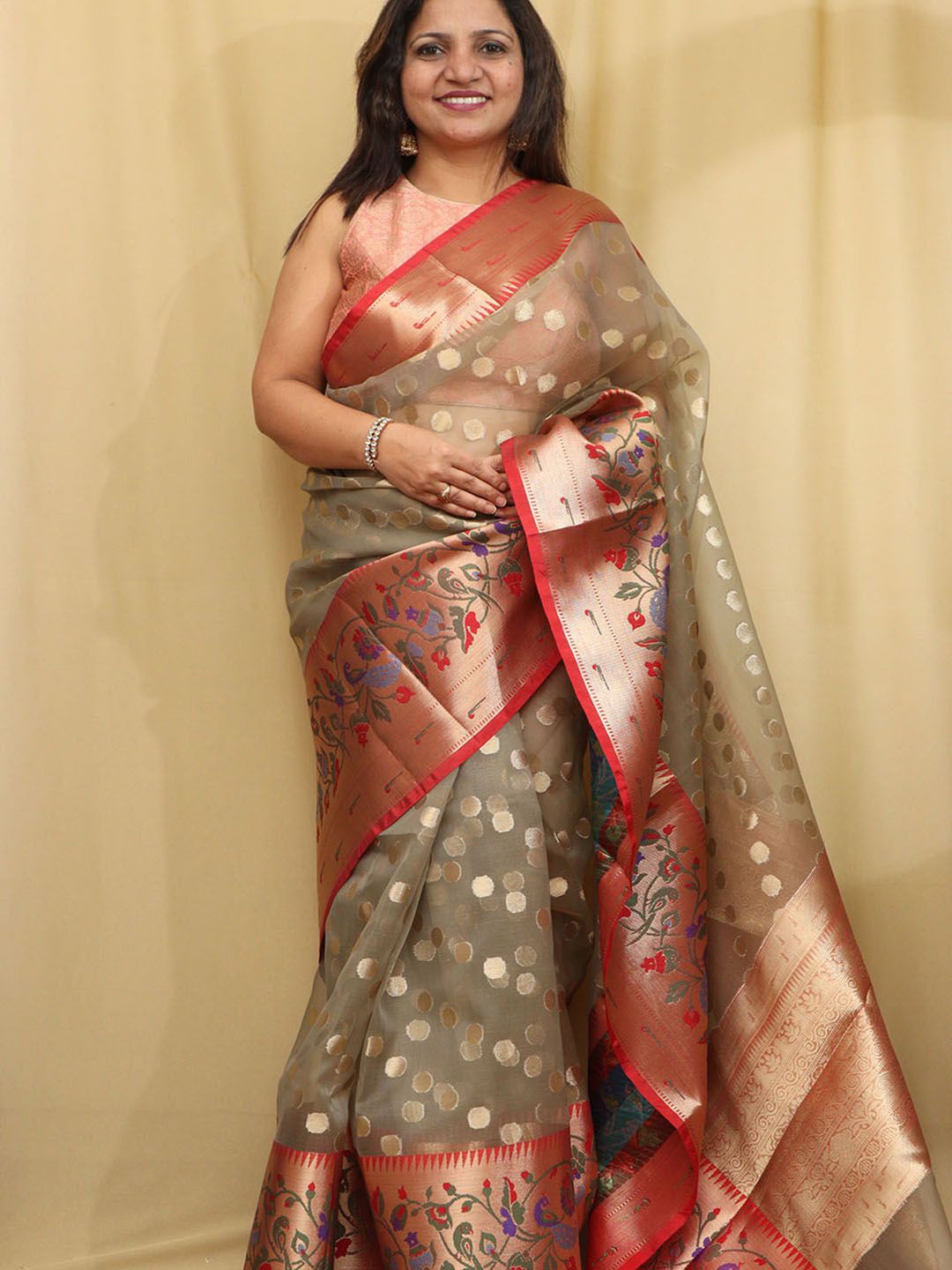 

Luxurionworld Ethnic Motifs Woven Design Zari Organza Banarasi Saree, Grey