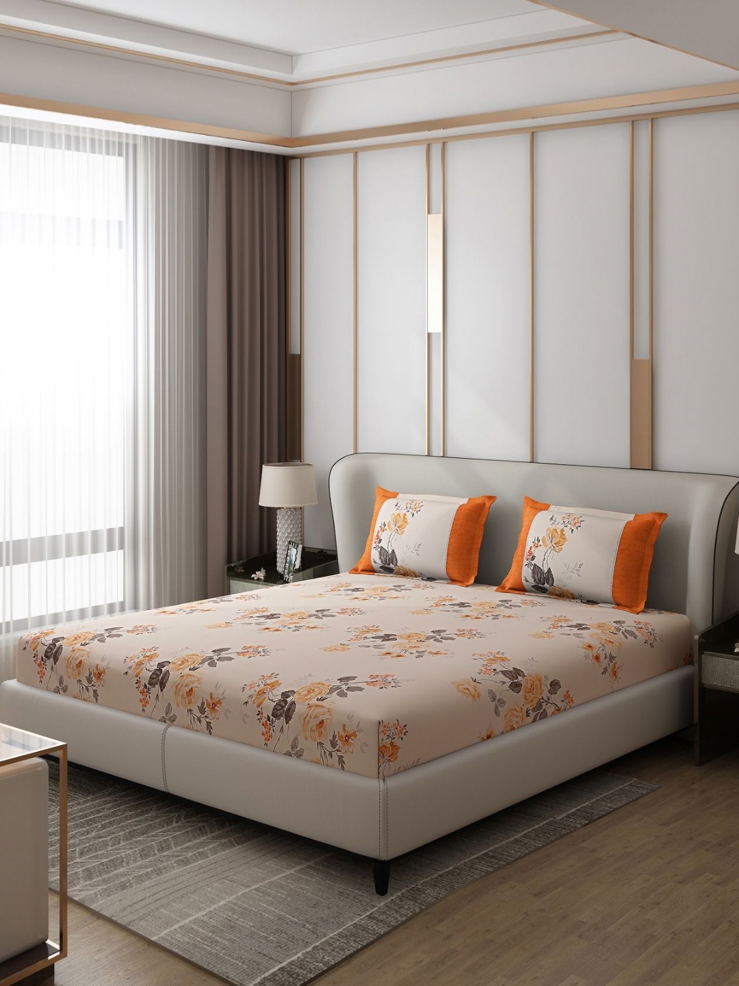 

Monte Carlo Essence Orange & Grey Floral 130 TC King Bedsheet with 2 Pillow Covers