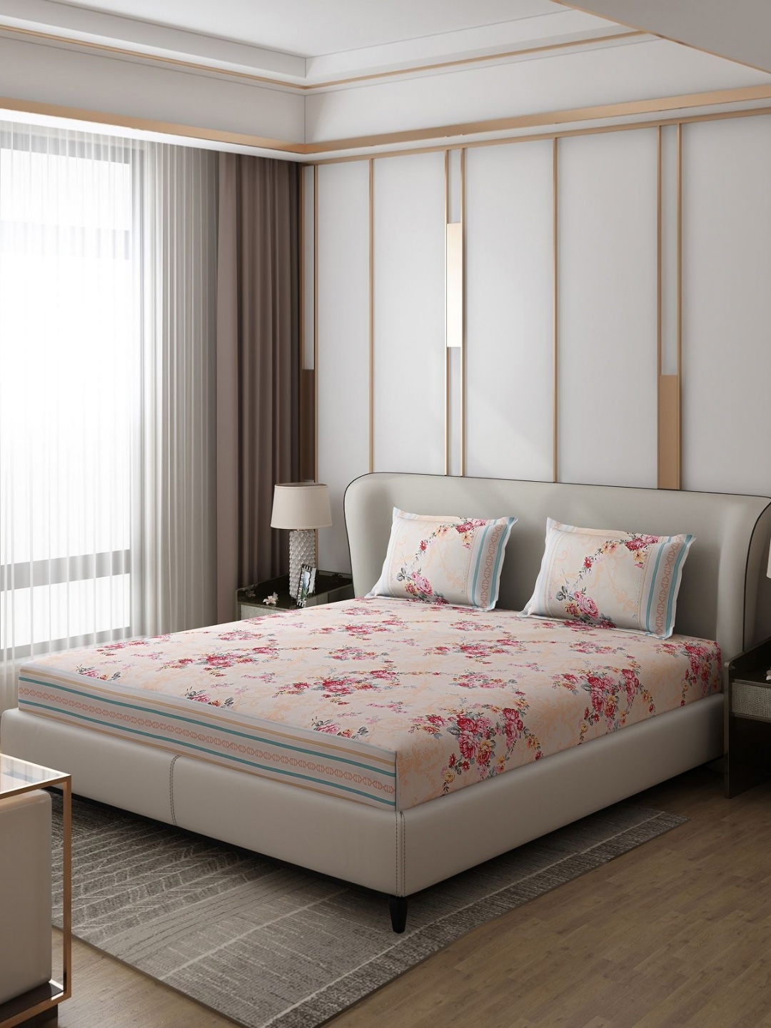 

Monte Carlo Peach-Coloured & Red Floral 130 TC Double King Bedsheet with 2 Pillow Covers