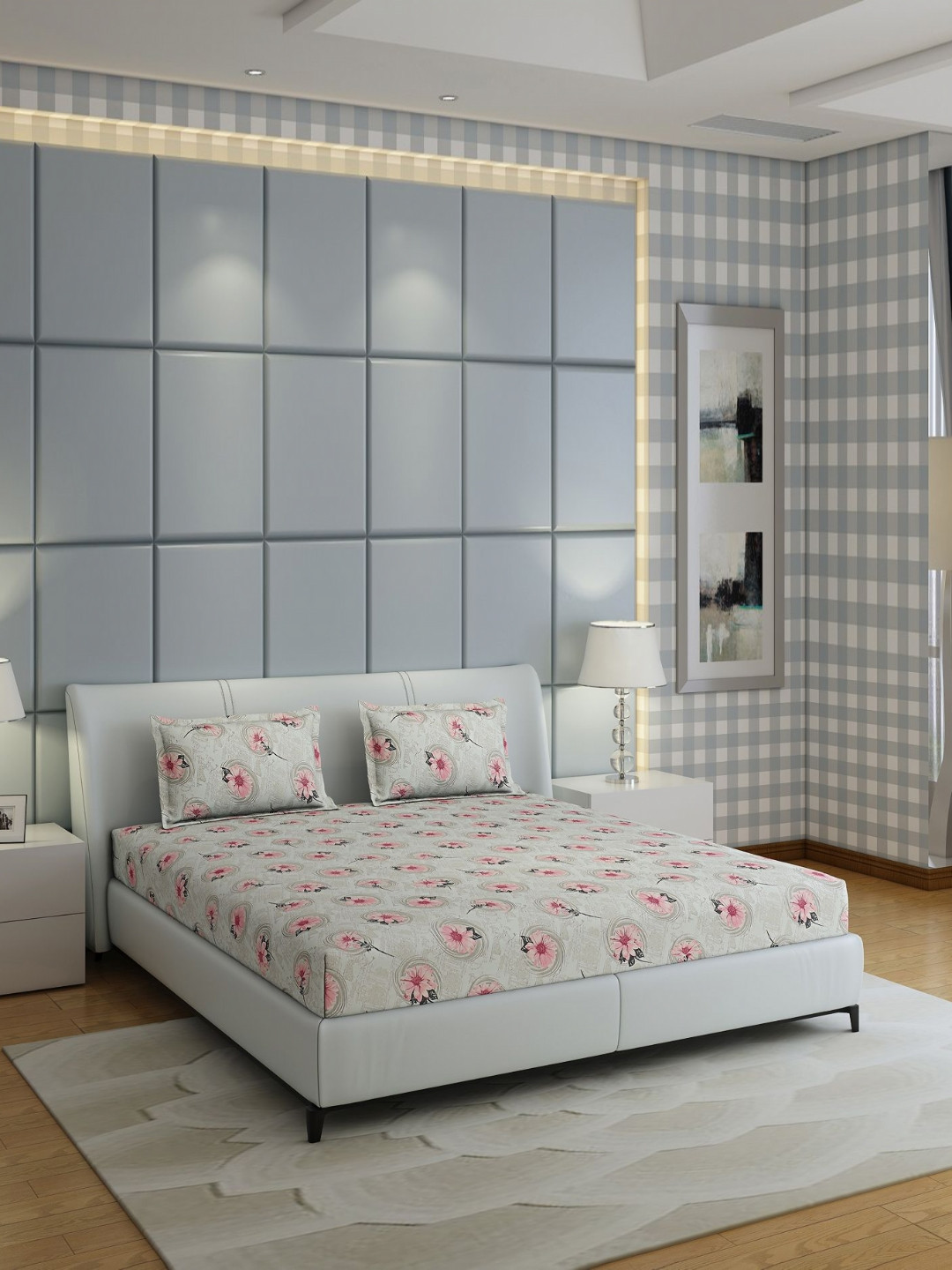 

Monte Carlo Fashnik Grey & Pink Floral Cotton 144 TC Queen Bedsheet with 2 Pillow Covers