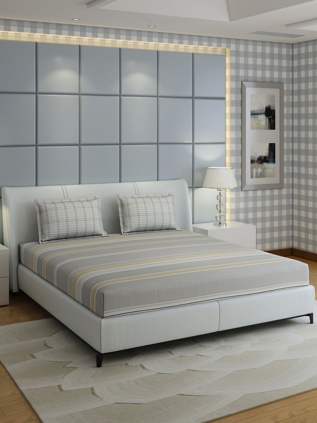 

Monte Carlo Ramona Grey & Mustard Striped Cotton 210TC Queen Bedsheet with 2 Pillow Covers
