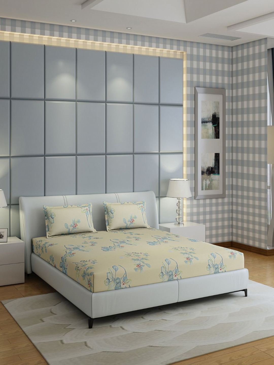 

Monte Carlo Fashnik Beige & Blue Floral Cotton 144 TC Queen Bedsheet with 2 Pillow Covers