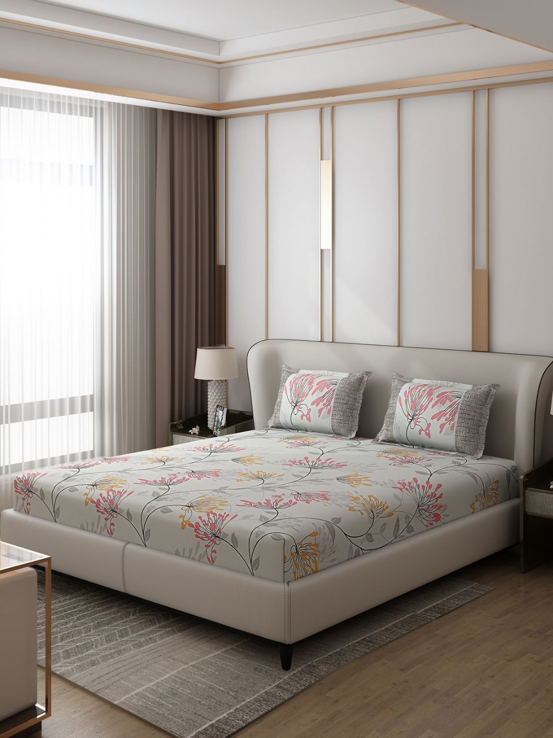 

Monte Carlo Vibrant Grey & Yellow Floral 130 TC Queen Bedsheet with 2 Pillow Covers