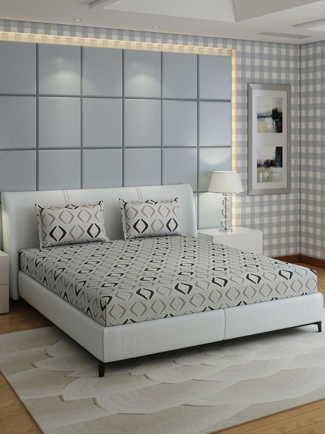 

Monte Carlo Fashnik Grey Geometric Cotton 144 TC Queen Bedsheet with 2 Pillow Covers