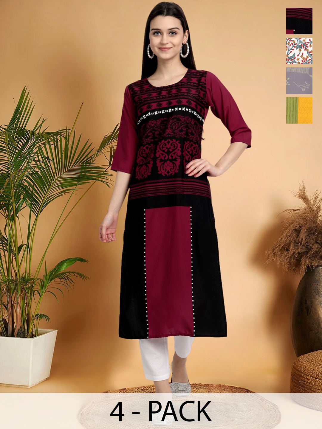 7Threads Selection Of 4 Geometric Printed Round Neck Straight Kurtas, Black