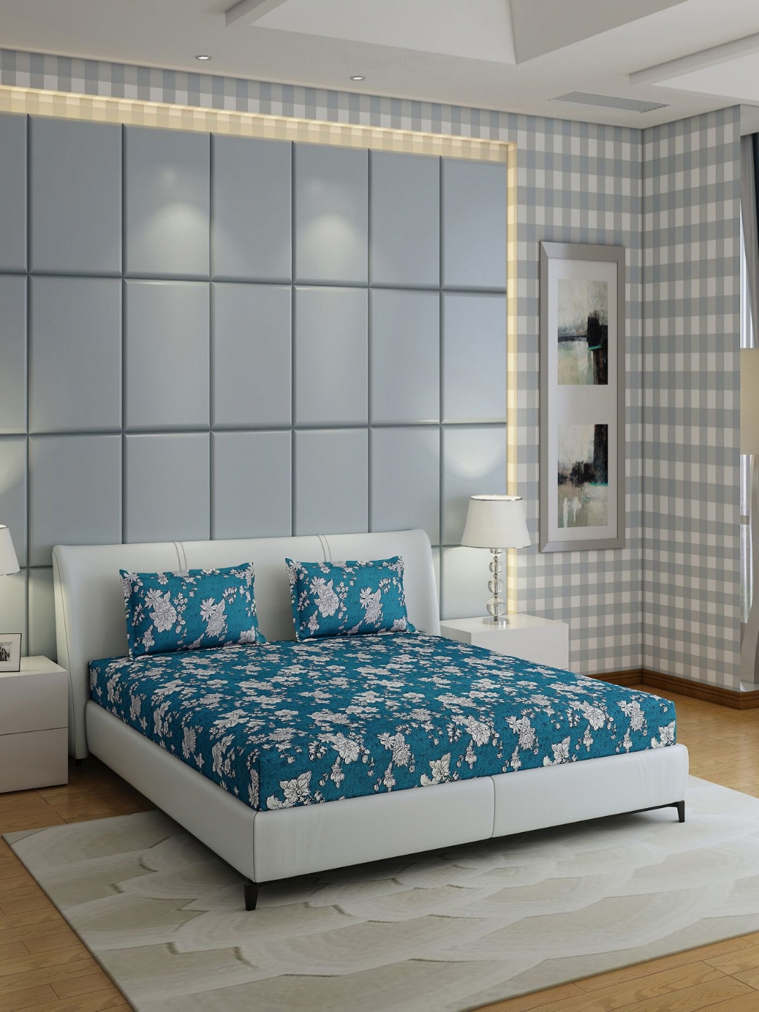 

Monte Carlo Fashnik Teal & White Ethnic Cotton 144 TC Queen Bedsheet with 2 Pillow Covers