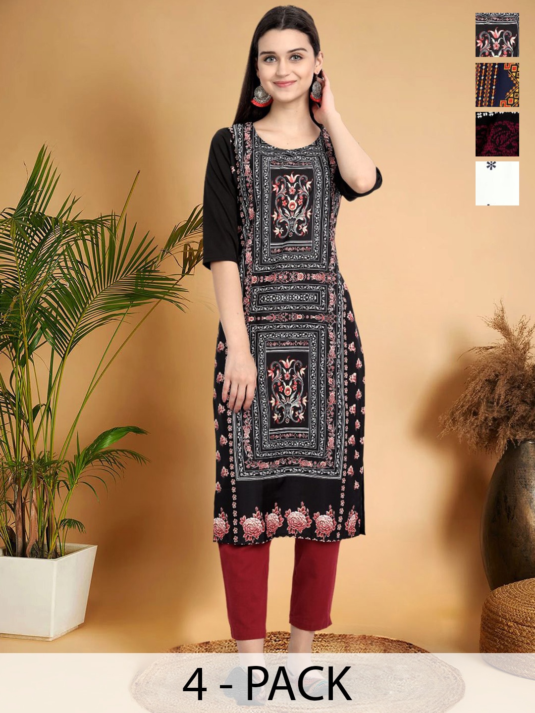 7Threads Selection Of 4 Ethnic Motifs Printed Round Neck Straight Kurtas, Black