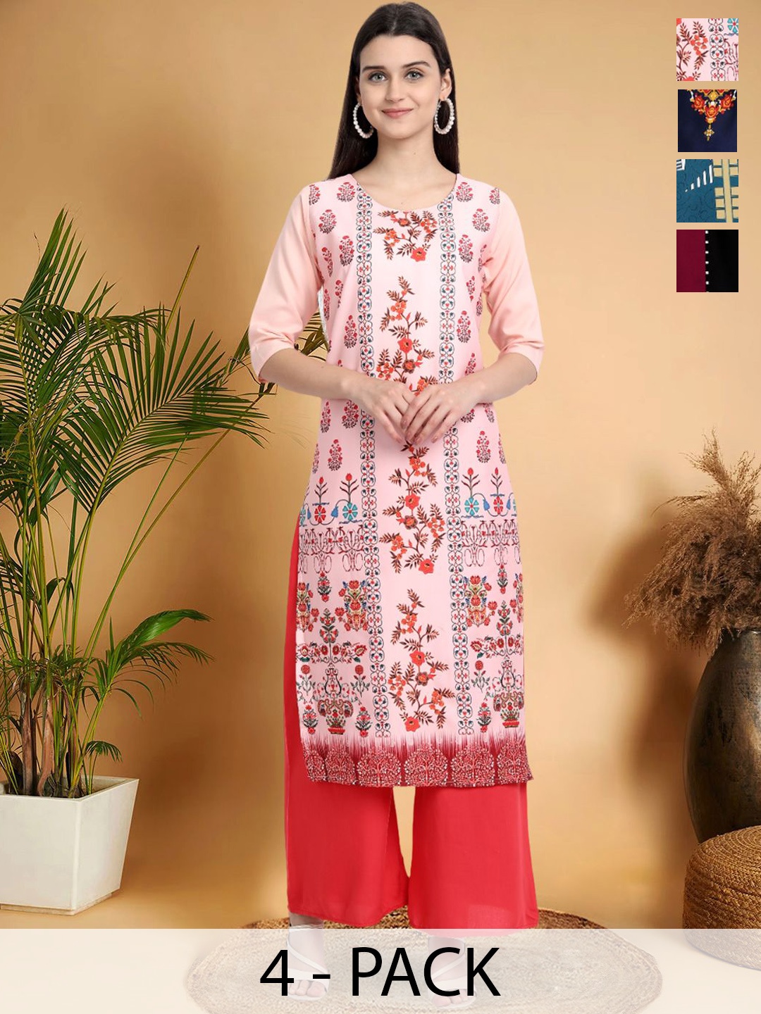 

7Threads Selection Of 4 Ethnic Motifs Printed Round Neck Straight Kurtas, Pink