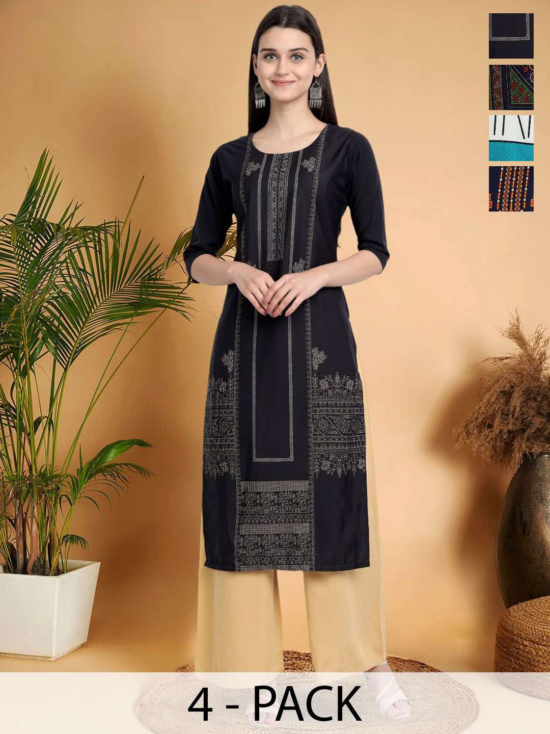 

7Threads Selection Of 4 Ethnic Motifs Printed Round Neck Straight Kurtas, Black