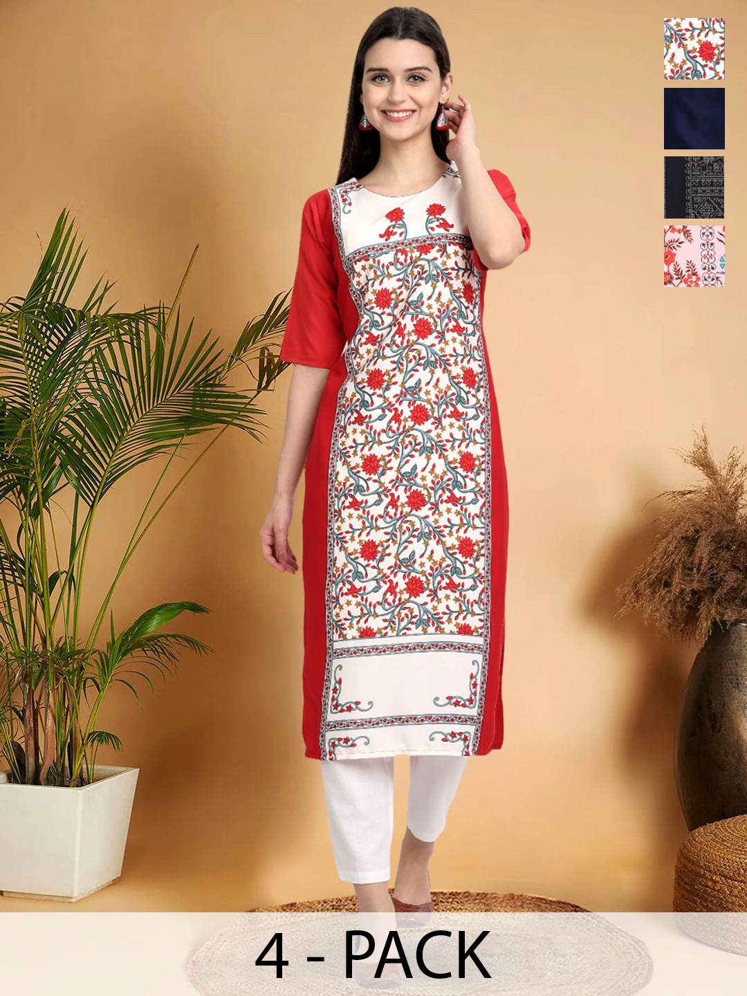

7Threads Selection Of 4 Ethnic Motifs Printed Round Neck Straight Kurtas, Red