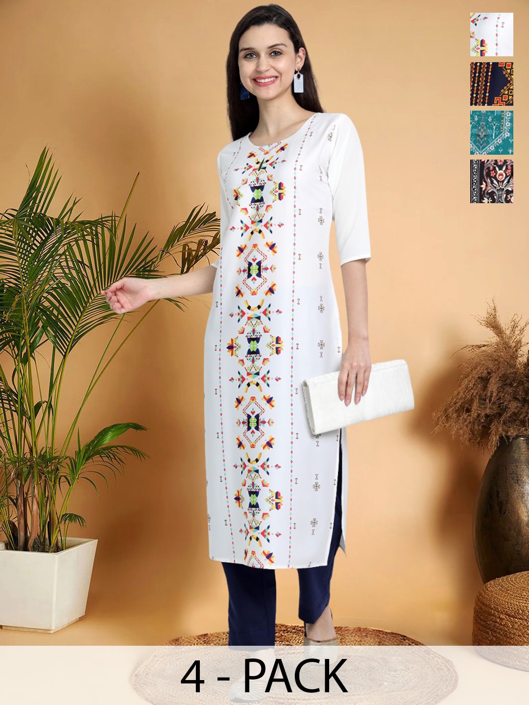 

7Threads Selection Of 4 Ethnic Motifs Printed Round Neck Straight Kurtas, Multi